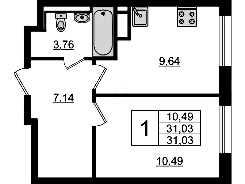 1-комнатная квартира 31.03 м², 3/12 эт., ЖК «Новые Лаврики»